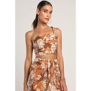Lulus Something Wild Brown Multi Print Pleated One-shoulder Crop Top - Size XL